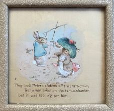 AN ORIGINAL ILLUSTRATION FROM THE TALE OF BENJAMIN BUNNY: 'THEY TOOK PETER'S CLOTHES OFF THE SCARECROW'.