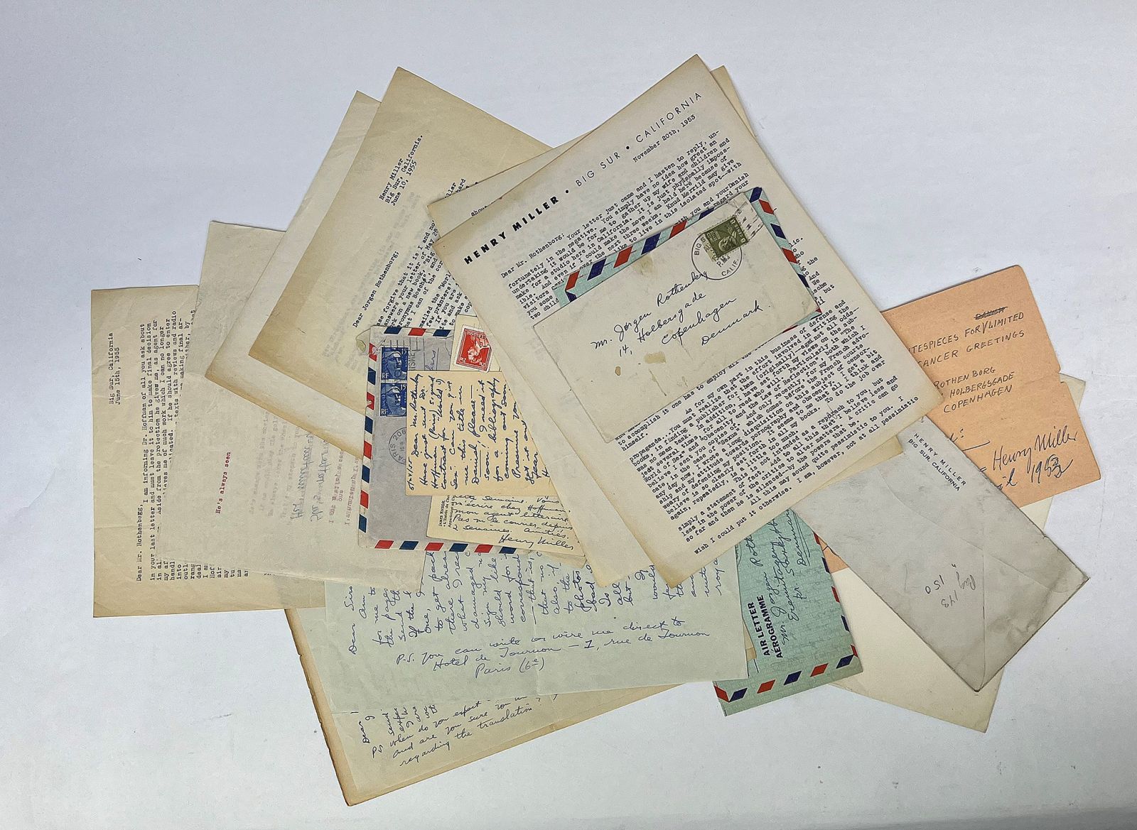 A COLLECTION OF AUTOGRAPH AND TYPED LETTERS SIGNED, FROM MILLER TO HIS DANISH TRANSLATOR, JRGEN ROTHENBORG, INCLUDING  A TYPED, HAND-CORRECTED DRAFT OF AN UNPUBLISHED COMIC POEM, AND A LETTER FROM EVE MILLER (McCLURE). -  image 1