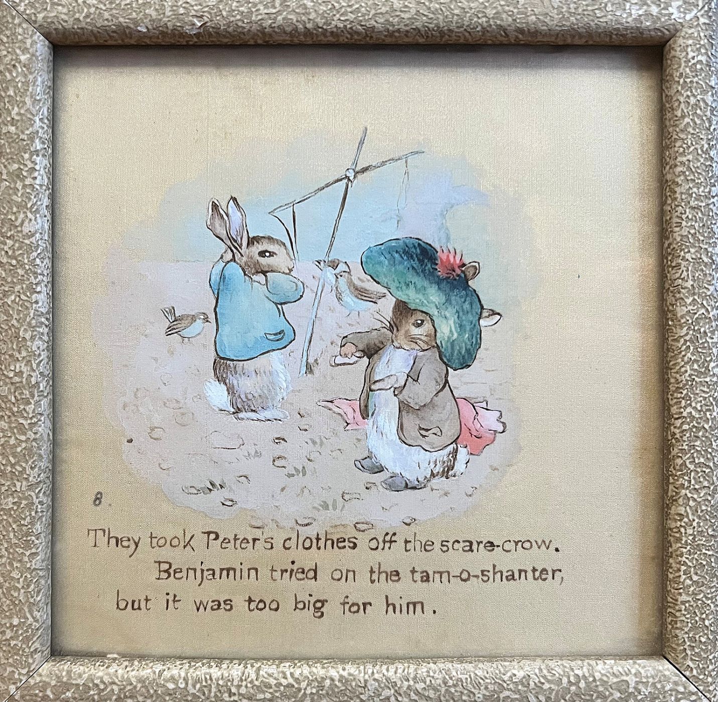 AN ORIGINAL ILLUSTRATION FROM THE TALE OF BENJAMIN BUNNY: 'THEY TOOK PETER'S CLOTHES OFF THE SCARECROW'. -  image 1
