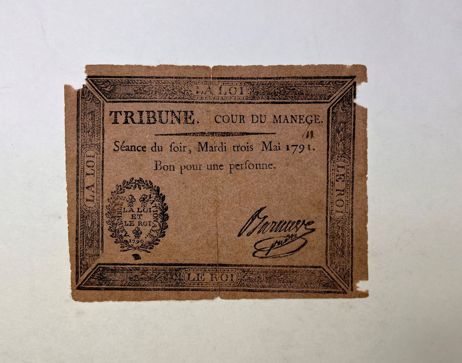 [ENTRANCE TICKET TO THE FRENCH REVOLUTIONARY NATIONAL ASSEMBLY] -  image 1