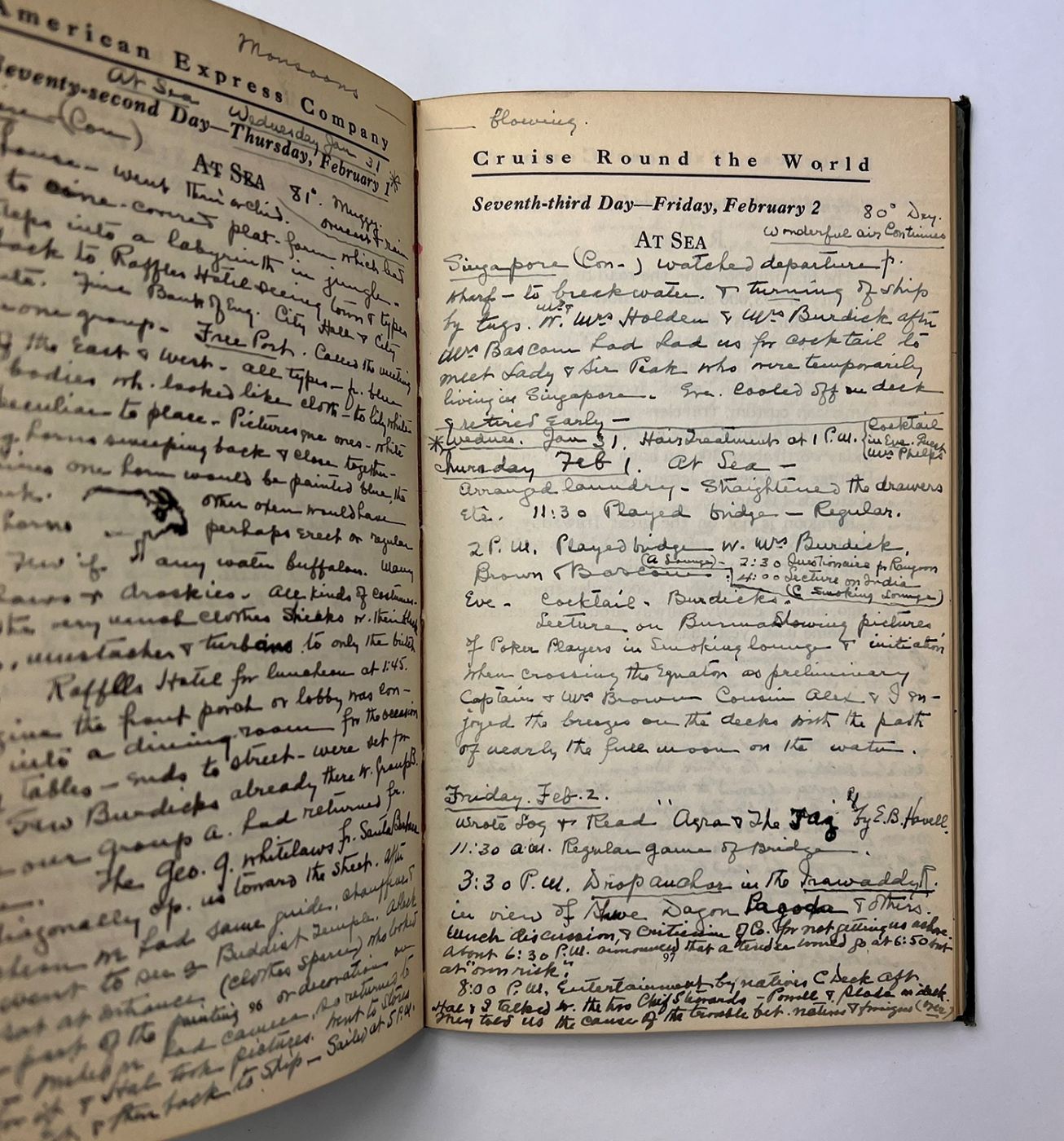 MANUSCRIPT TRAVEL DIARY FOR A ROUND THE WORLD CRUISE; [WITH THE WRITER'S HUSBAND'S PUBLISHED BOOK DOCUMENTING THE SAME VOYAGE]: TRAILING THE SUN AROUND THE EARTH: -  image 6
