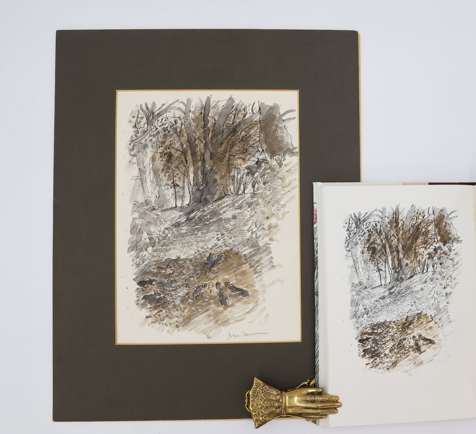 ORIGINAL WATERCOLOUR BY JOHN LAWRENCE ILLUSTRATING WATERSHIP DOWN [with] AN AUTHOR SIGNED, FIRST EDITION OF THE BOOK -  image 1