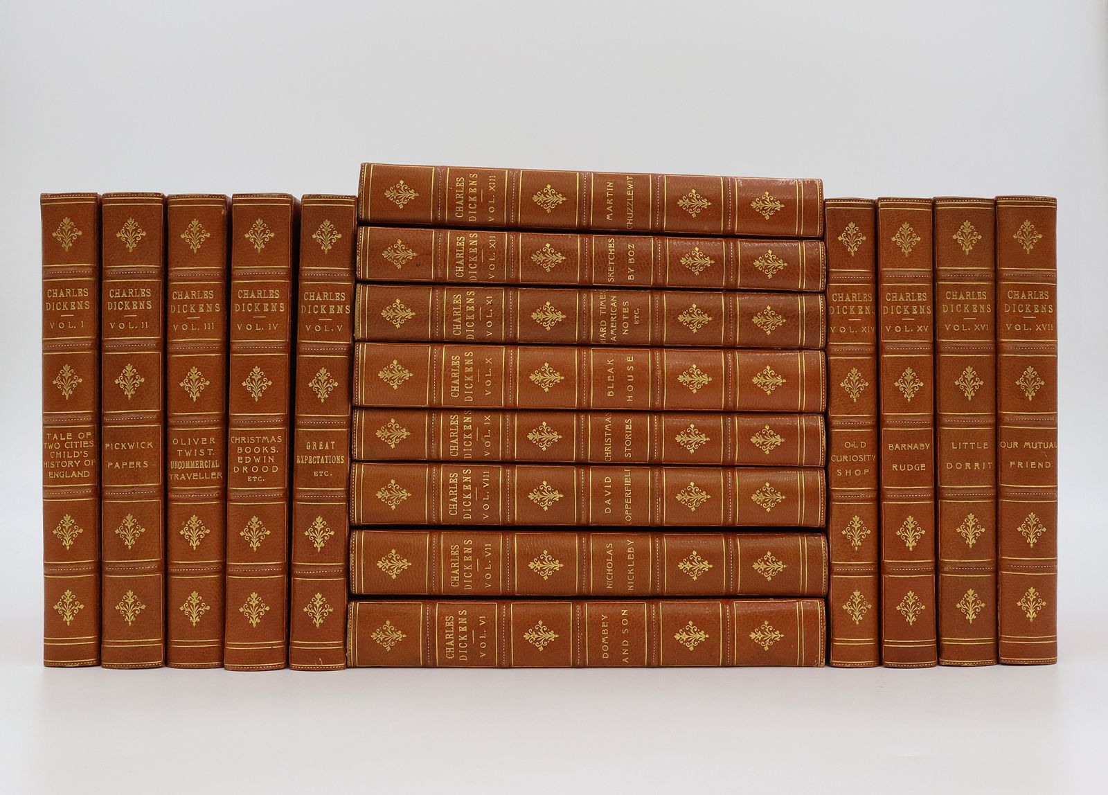 THE WORKS: A TALE OF TWO CITIES; A CHILD'S HISTORY OF ENGLAND; PICKWICK PAPERS; OLIVER TWIST; UNCOMMERCIAL TRAVELLER; GREAT EXPECTATIONS; DOMBEY AND SON; NICHOLAS NICKLEBY; DAVID COPPERFIELD; CHRISTMAS STORIES; CHRISTMAS BOOKS; THE MYSTERY OF EDWIN DROOD; BLEAK HOUSE; HARD TIMES; AMERICAN NOTES; SKETCHES BY BOZ; MARTIN CHUZZLEWIT; OLD CURIOSITY SHOP; BARNABY RUDGE; LITTLE DORRIT; OUR MUTUAL FRIEND. -  image 1