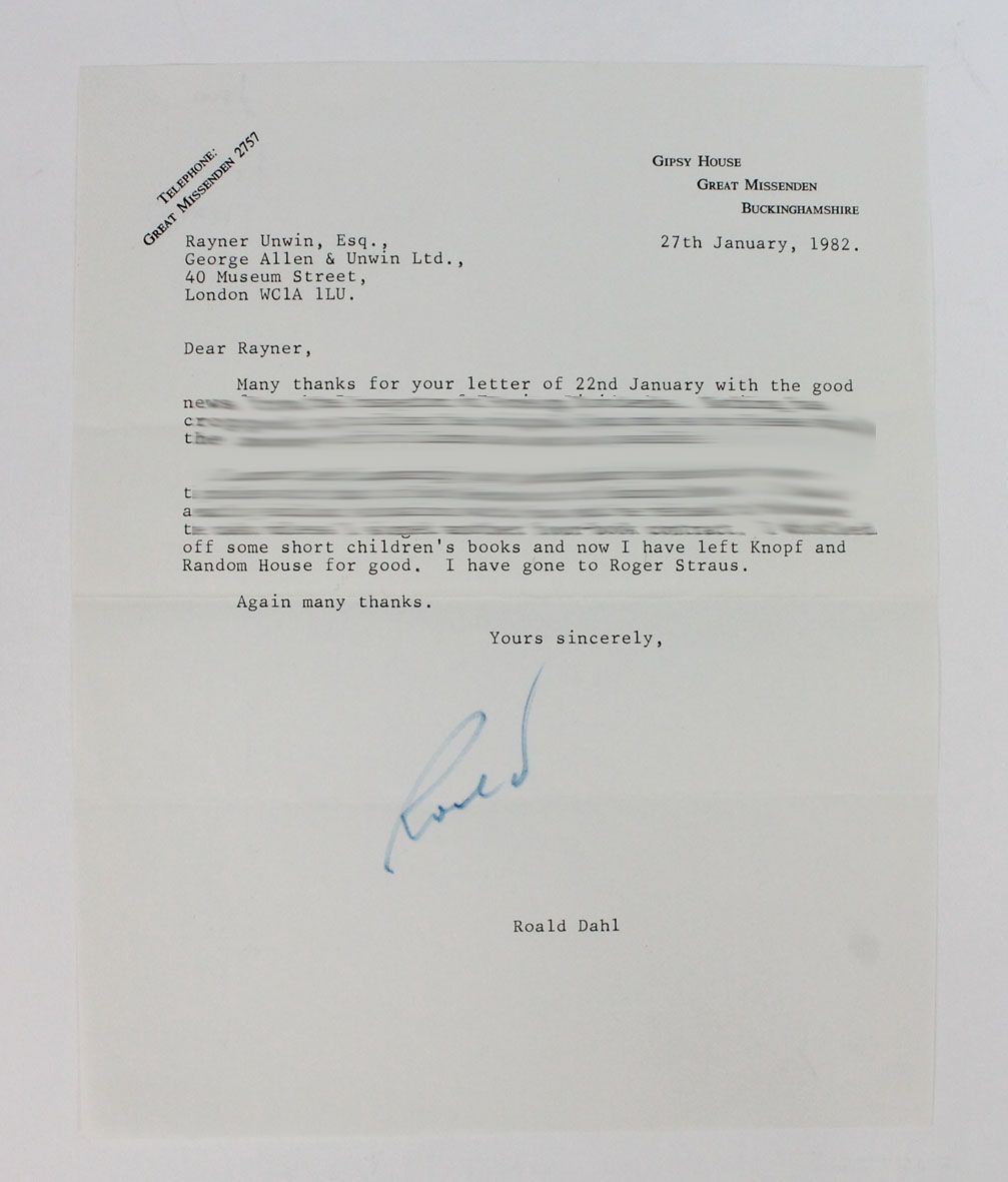 TYPED LETTER SIGNED FROM ROALD DAHL TO HIS PUBLISHER RAYNER UNWIN. -  image 1