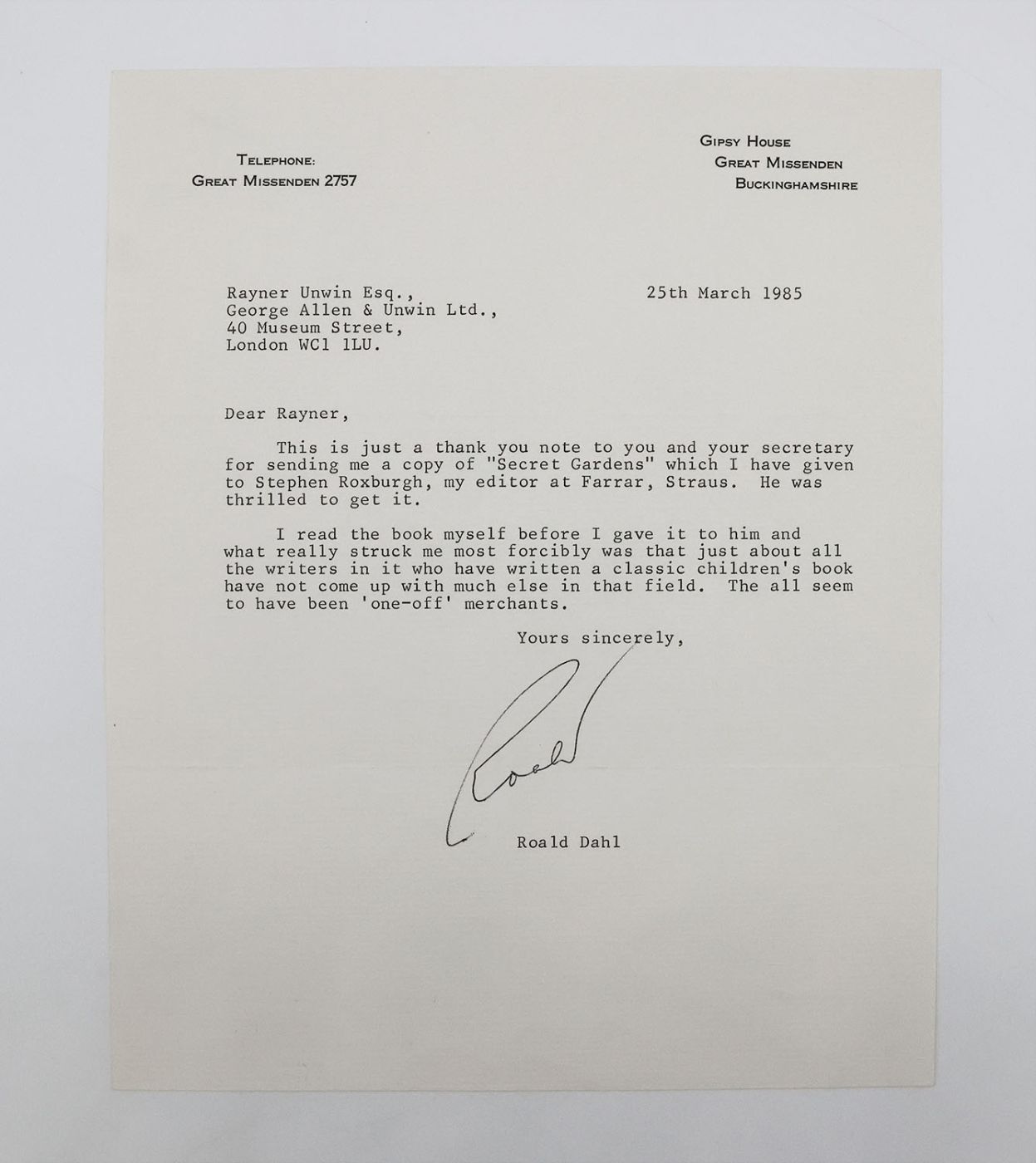 TYPED LETTER SIGNED FROM ROALD DAHL TO HIS PUBLISHER RAYNER UNWIN. -  image 1